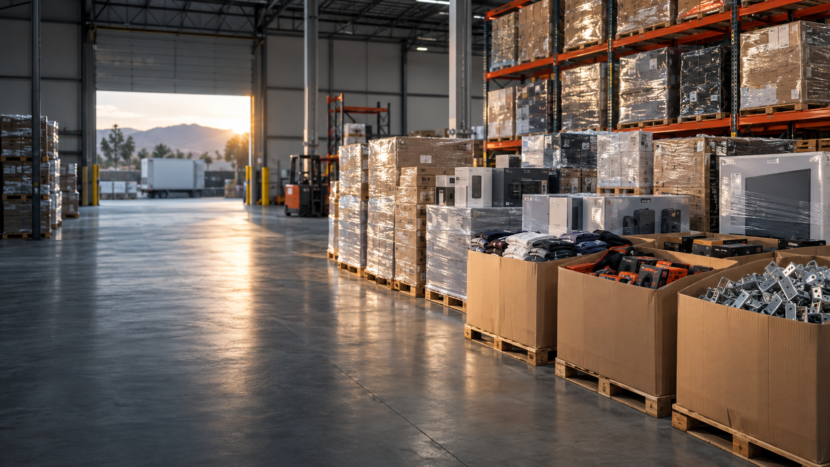 Organized liquidation pallets in a modern warehouse